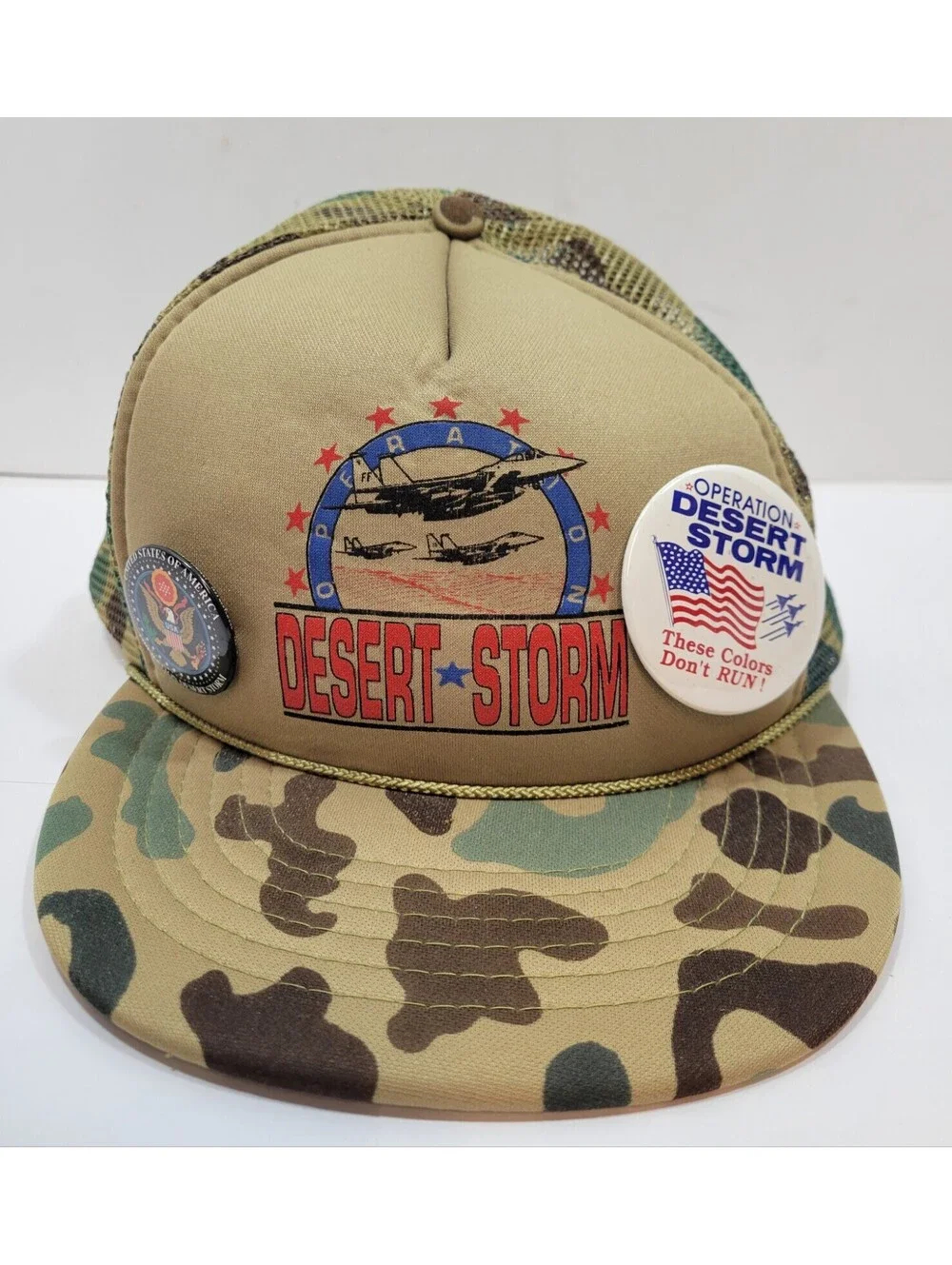 Vintage Operation Desert Storm Cap Hat Camo Mesh Snapback w/Two Pins